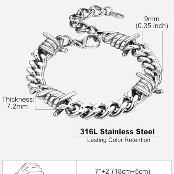 Cuban Link 9MM Silver Thorns Chain Bracelet for Men Chunky Chain Jewelry - Picture 3 of 3